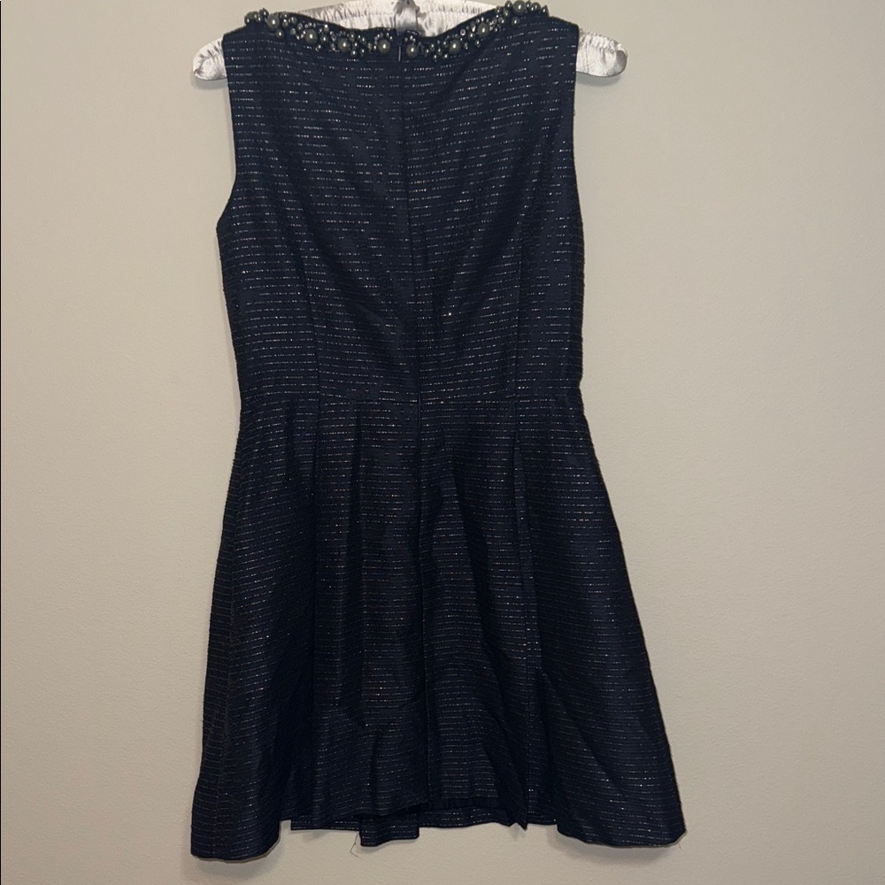 Tahari ASL Navy Blue Sleeveless Dress Metallic Silver w/ Embellished Neckline DD - Picture 5 of 7